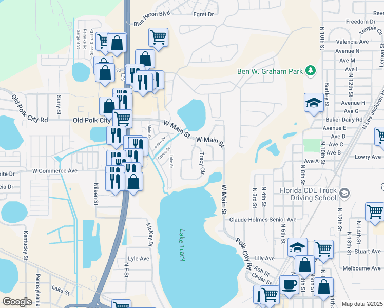 map of restaurants, bars, coffee shops, grocery stores, and more near Lake Tracy Court in Haines City