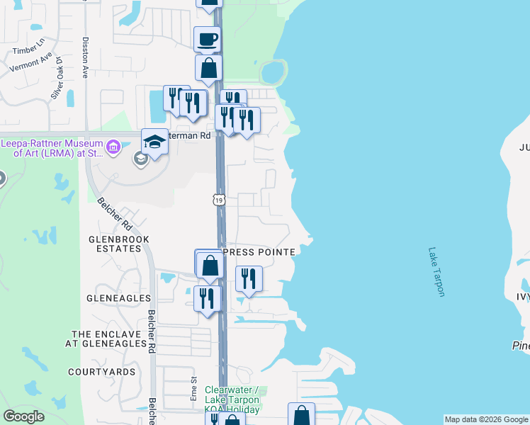 map of restaurants, bars, coffee shops, grocery stores, and more near 1701 Ridgeview Road in Palm Harbor