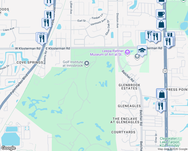map of restaurants, bars, coffee shops, grocery stores, and more near 3405 Saint Georges Lodge in Palm Harbor