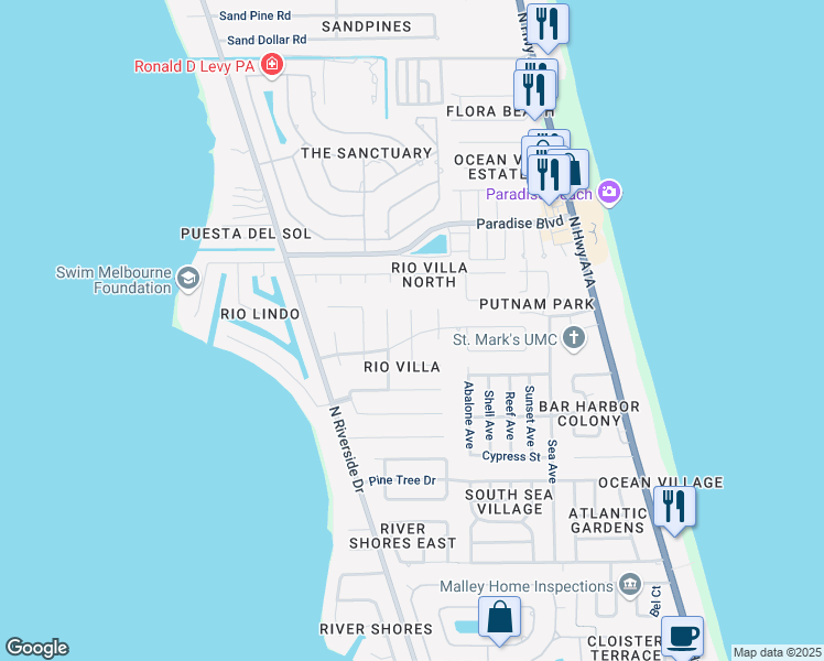 map of restaurants, bars, coffee shops, grocery stores, and more near 3071 Rio Palma South in Melbourne