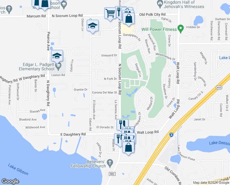 map of restaurants, bars, coffee shops, grocery stores, and more near 452 Corona Del Mar Street in Lakeland