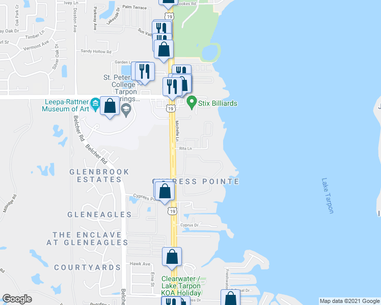 map of restaurants, bars, coffee shops, grocery stores, and more near 2569 Grand Lakeside Drive in Palm Harbor