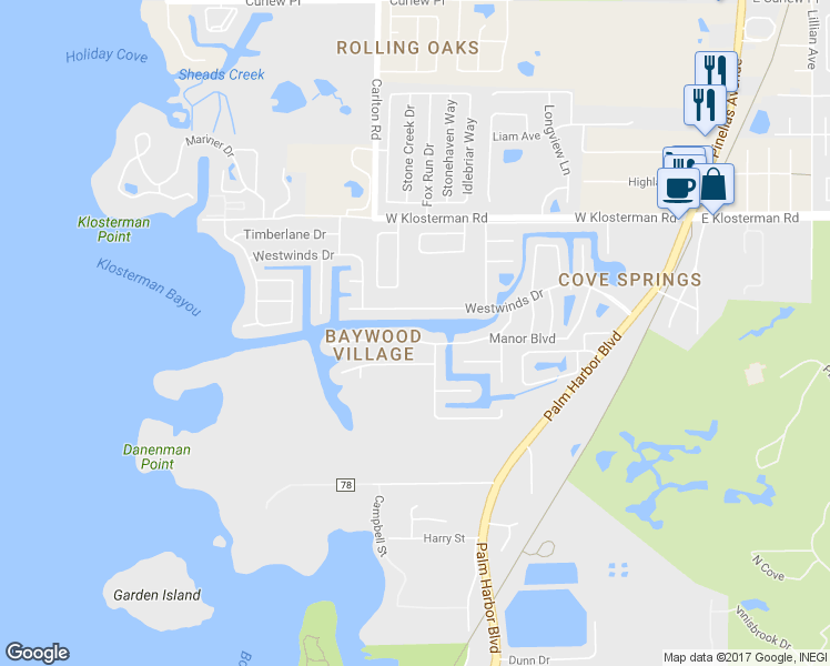 map of restaurants, bars, coffee shops, grocery stores, and more near 335 Crosswinds Drive in Palm Harbor