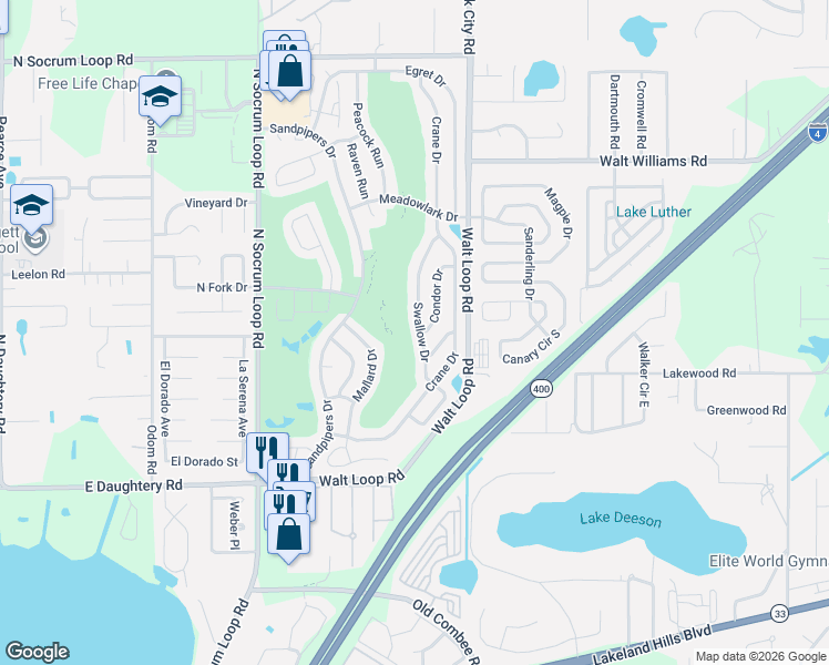 map of restaurants, bars, coffee shops, grocery stores, and more near 6008 Swallow Drive in Lakeland