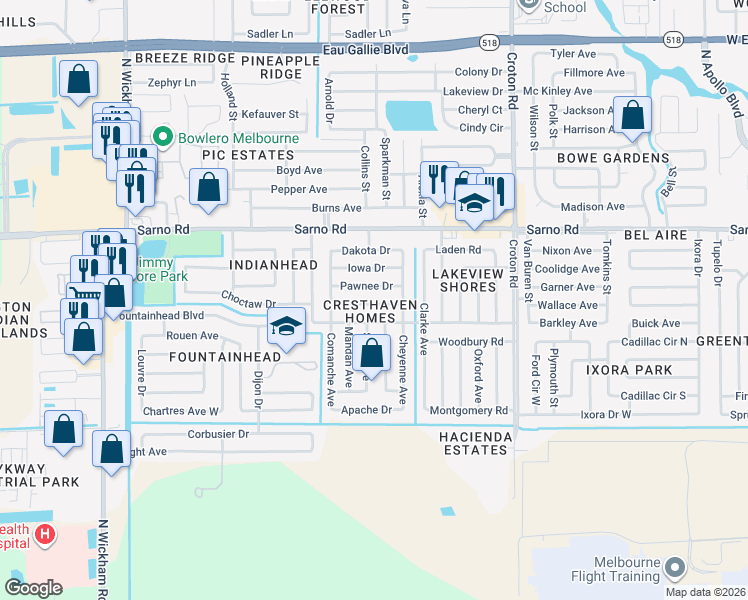 map of restaurants, bars, coffee shops, grocery stores, and more near 2392 Delaware Drive in Melbourne