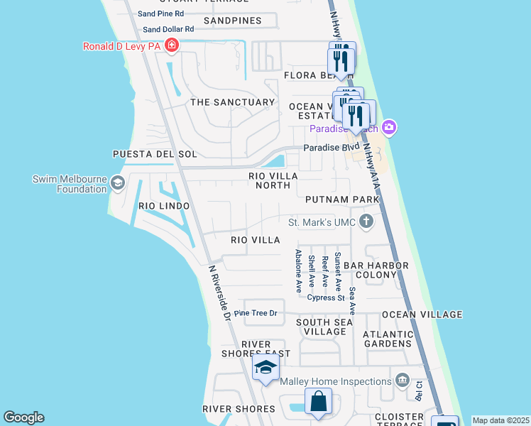 map of restaurants, bars, coffee shops, grocery stores, and more near 3071 Rio Palma South in Melbourne
