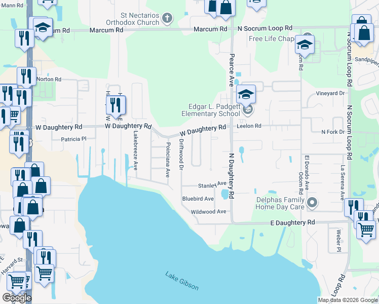 map of restaurants, bars, coffee shops, grocery stores, and more near 5829 Daughtery Downs Loop in Lakeland