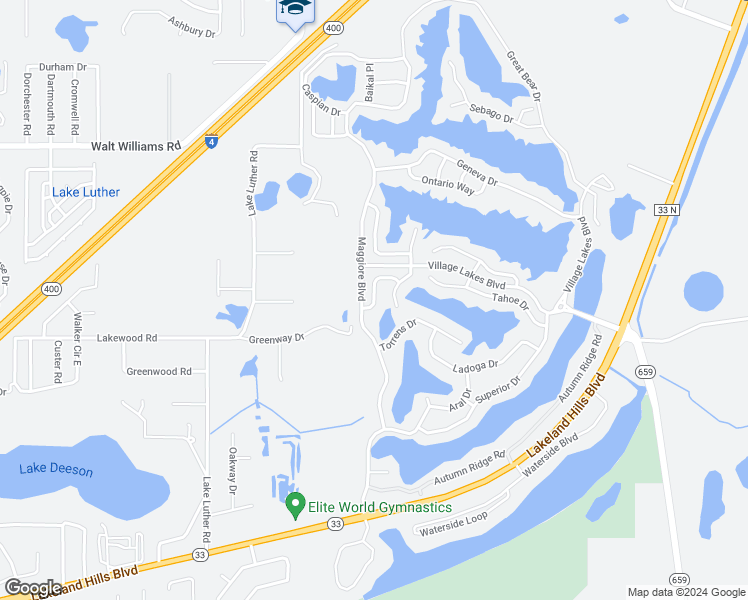 map of restaurants, bars, coffee shops, grocery stores, and more near 5705 Lacar Way in Lakeland