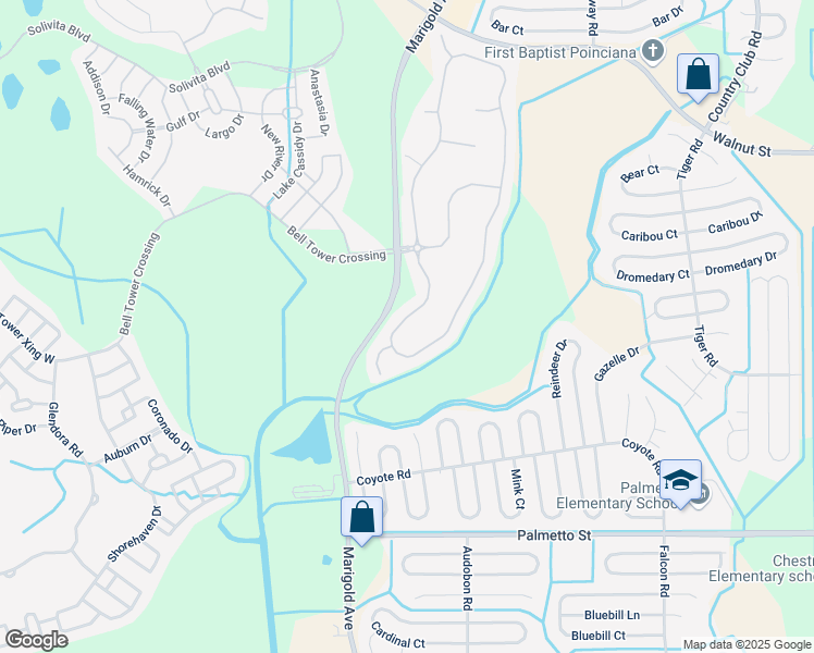 map of restaurants, bars, coffee shops, grocery stores, and more near 857 Grand Canal Drive in Kissimmee