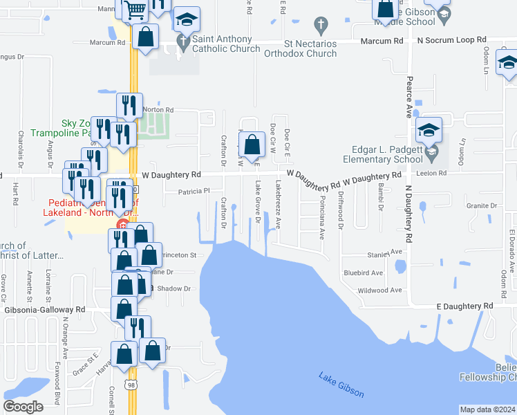 map of restaurants, bars, coffee shops, grocery stores, and more near 5804 Lake Grove Drive in Lakeland