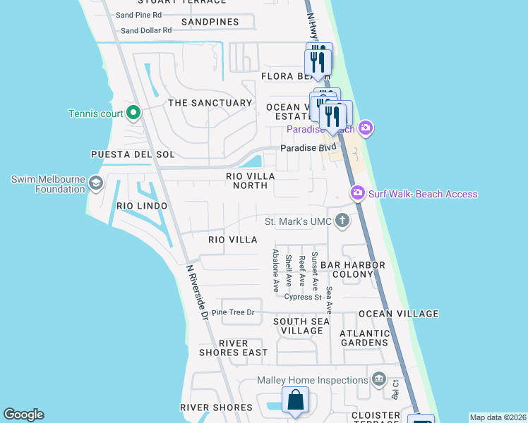 map of restaurants, bars, coffee shops, grocery stores, and more near 3069 Rio Plumosa North in Indialantic