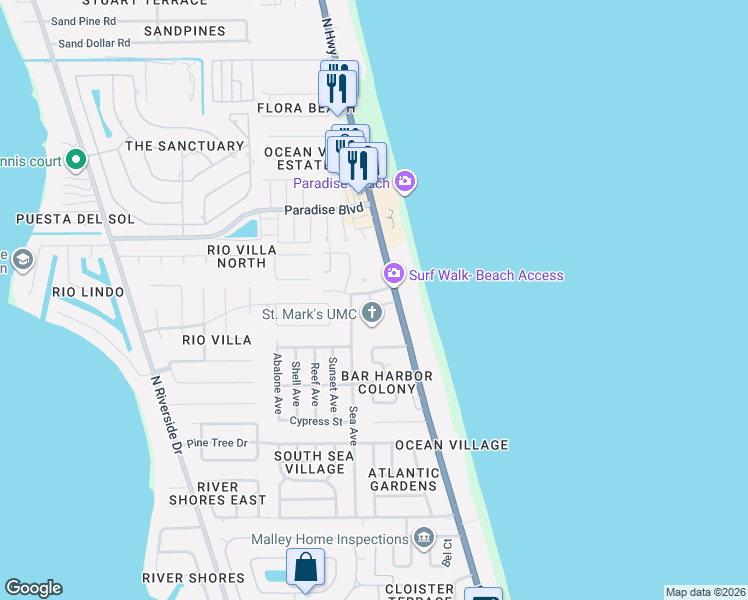 map of restaurants, bars, coffee shops, grocery stores, and more near 2081 Seawind Court in Indialantic