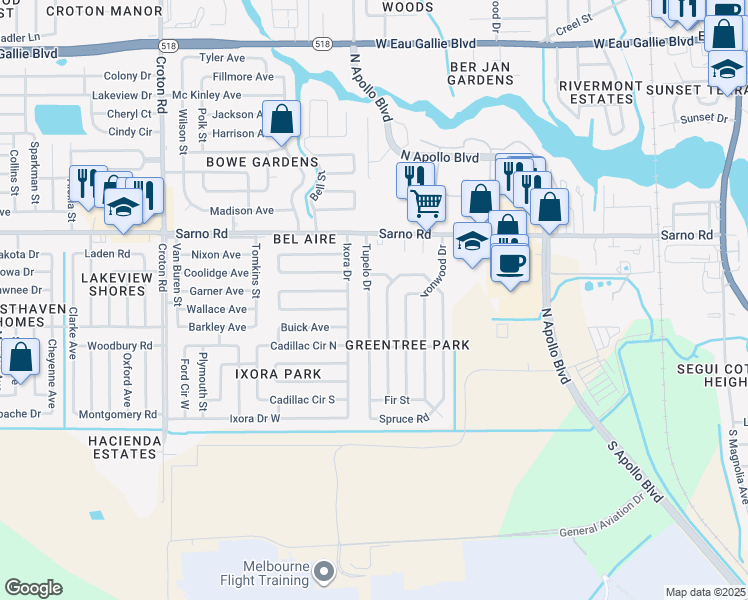 map of restaurants, bars, coffee shops, grocery stores, and more near 753 Tupelo Drive in Melbourne