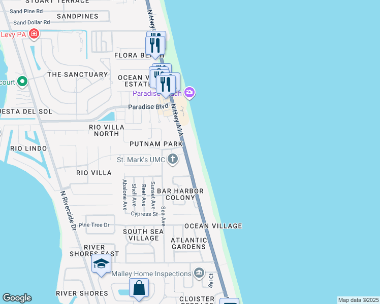 map of restaurants, bars, coffee shops, grocery stores, and more near 2075 North Highway A1A in Melbourne