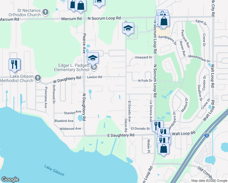 map of restaurants, bars, coffee shops, grocery stores, and more near 289 Granite Drive in Lakeland