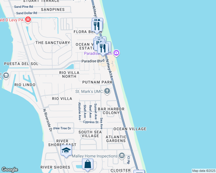 map of restaurants, bars, coffee shops, grocery stores, and more near 2075 Seawind Court in Indialantic