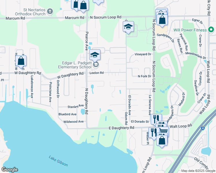 map of restaurants, bars, coffee shops, grocery stores, and more near 158 Shannon Drive in Lakeland