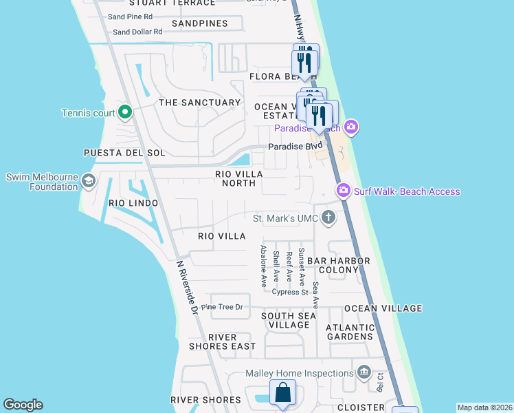 map of restaurants, bars, coffee shops, grocery stores, and more near 3069 Rio Plumosa North in Indialantic