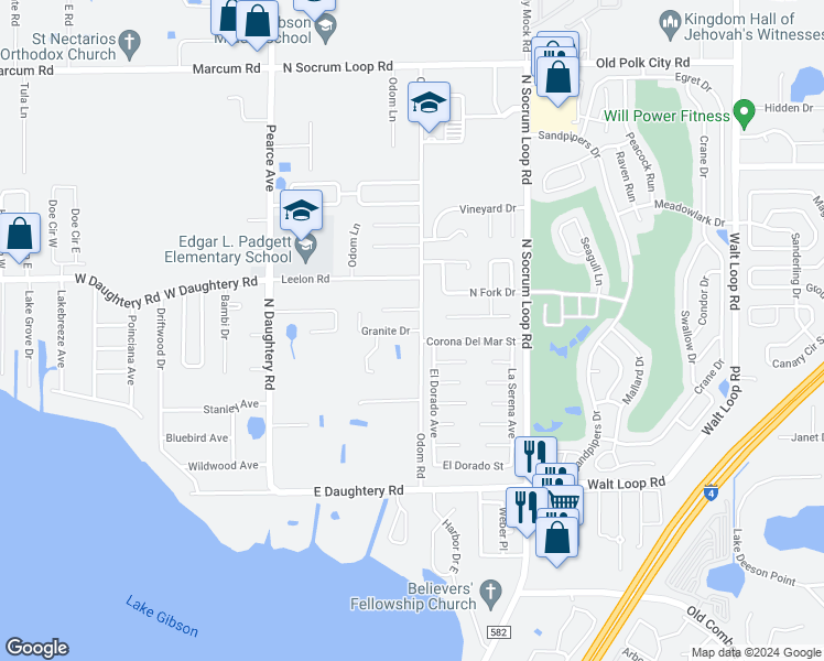 map of restaurants, bars, coffee shops, grocery stores, and more near Granite Drive in Lakeland