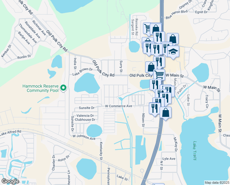 map of restaurants, bars, coffee shops, grocery stores, and more near 1301 Polk City Road in Haines City