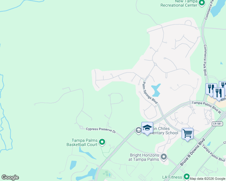 map of restaurants, bars, coffee shops, grocery stores, and more near 16342 Heathrow Drive in Tampa