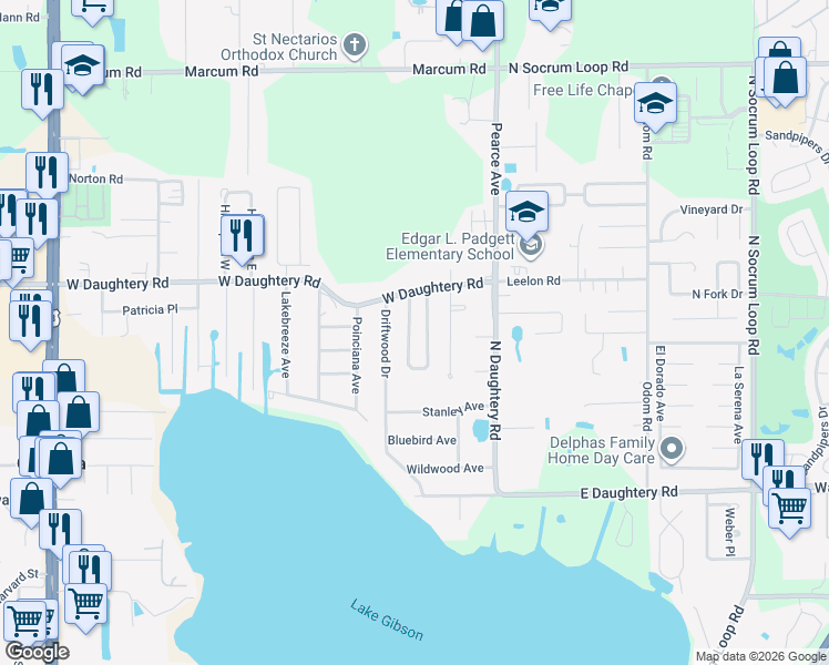map of restaurants, bars, coffee shops, grocery stores, and more near 5829 Daughtery Downs Loop in Lakeland