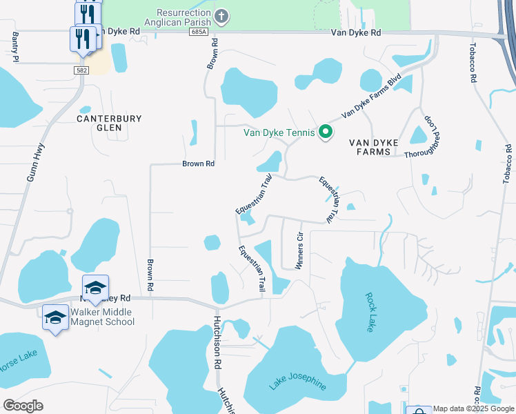 map of restaurants, bars, coffee shops, grocery stores, and more near 17119 Equestrian Trail in Odessa