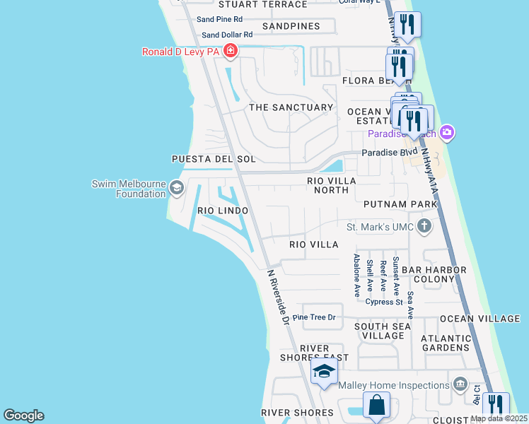 map of restaurants, bars, coffee shops, grocery stores, and more near 610 Rio Pino North in Indialantic