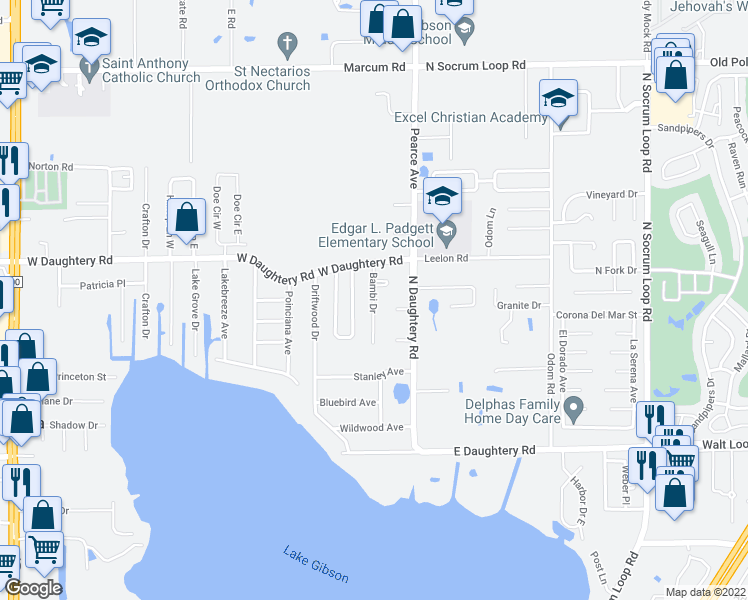 map of restaurants, bars, coffee shops, grocery stores, and more near 5780 Bambi Drive in Lakeland