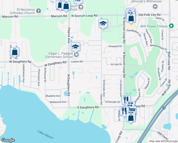 map of restaurants, bars, coffee shops, grocery stores, and more near 252 Granite Drive in Lakeland