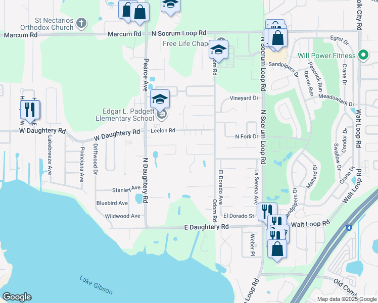 map of restaurants, bars, coffee shops, grocery stores, and more near 252 Granite Drive in Lakeland