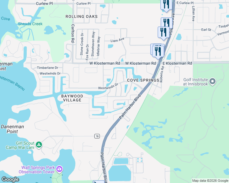map of restaurants, bars, coffee shops, grocery stores, and more near 4738 Innisfil Street in Palm Harbor