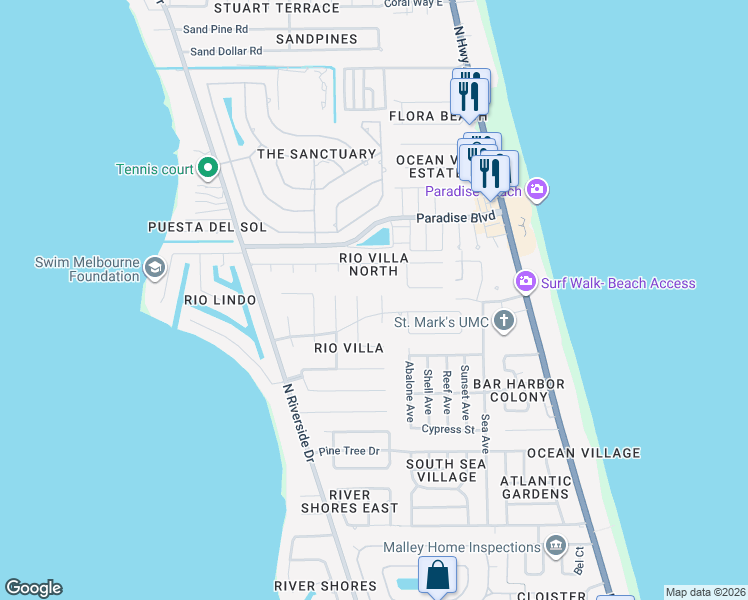 map of restaurants, bars, coffee shops, grocery stores, and more near 3071 Rio Palma South in Melbourne