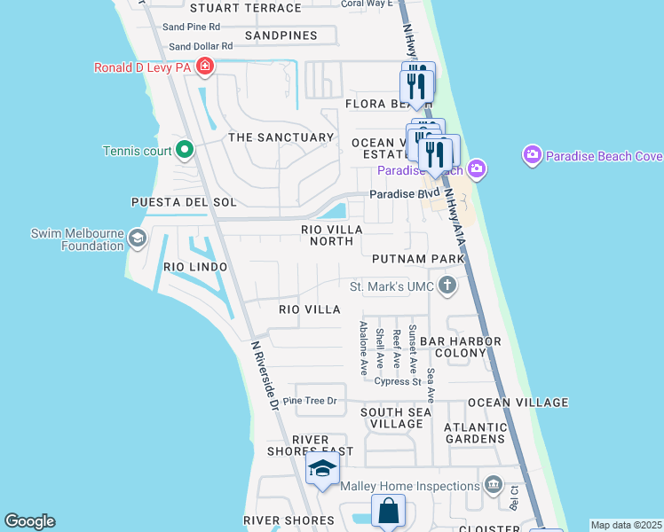 map of restaurants, bars, coffee shops, grocery stores, and more near 3071 Rio Palma South in Melbourne