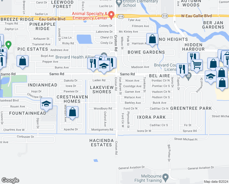 map of restaurants, bars, coffee shops, grocery stores, and more near 768 Croton Road in Melbourne
