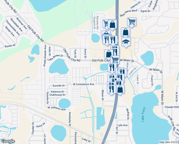 map of restaurants, bars, coffee shops, grocery stores, and more near 1301 Polk City Road in Haines City