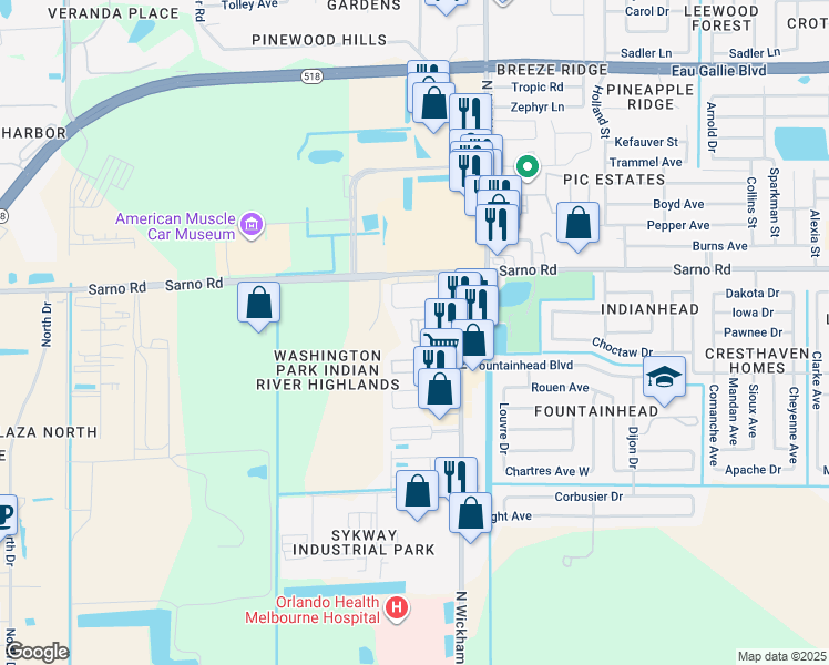 map of restaurants, bars, coffee shops, grocery stores, and more near 770 North Wickham Road in Melbourne