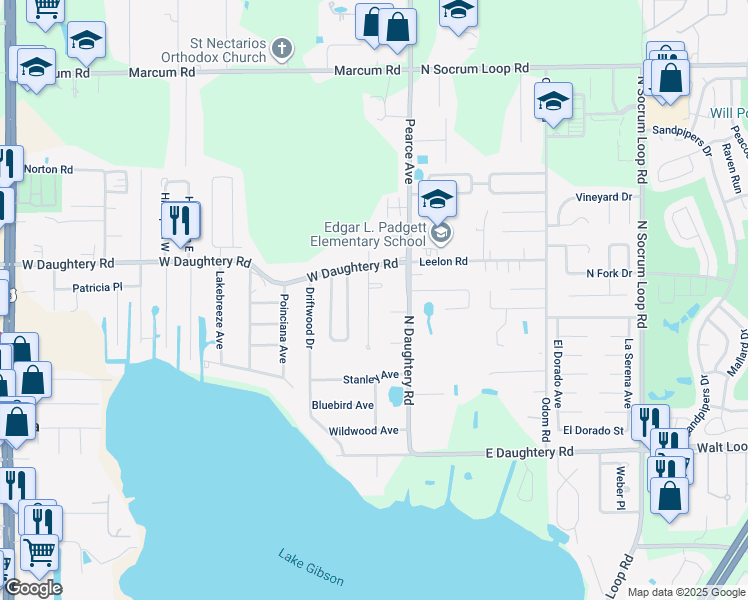 map of restaurants, bars, coffee shops, grocery stores, and more near 5805 Bambi Drive in Lakeland
