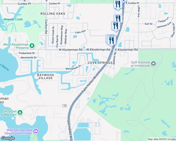 map of restaurants, bars, coffee shops, grocery stores, and more near 410 Manor Boulevard in Palm Harbor