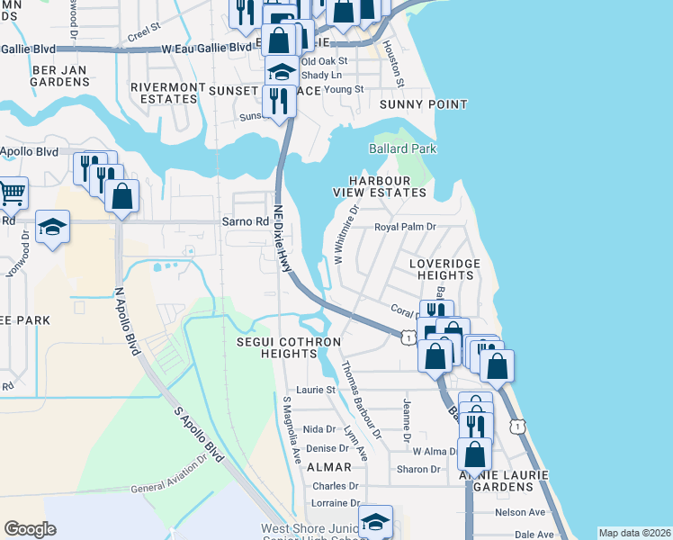 map of restaurants, bars, coffee shops, grocery stores, and more near 771 West Whitmire Drive in Melbourne