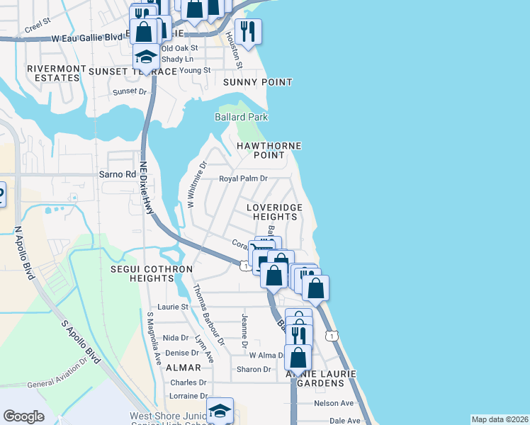 map of restaurants, bars, coffee shops, grocery stores, and more near 769 Banyan Drive in Melbourne