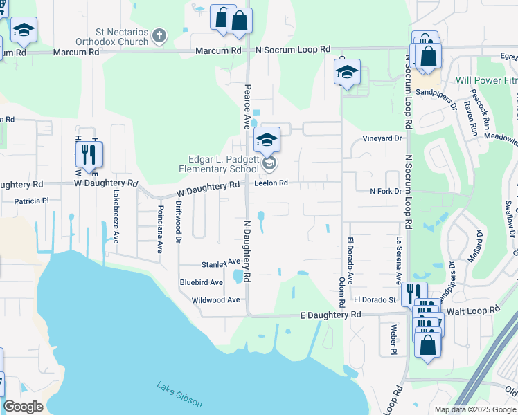 map of restaurants, bars, coffee shops, grocery stores, and more near 109 Shannon Drive in Lakeland