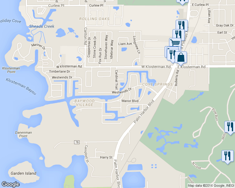 map of restaurants, bars, coffee shops, grocery stores, and more near 390 Westwinds Drive in Palm Harbor
