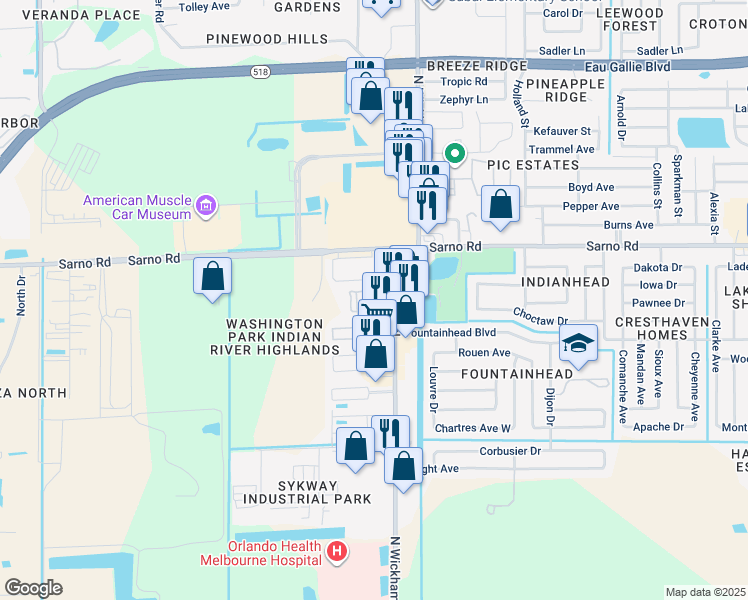 map of restaurants, bars, coffee shops, grocery stores, and more near 760 North Wickham Road in Melbourne