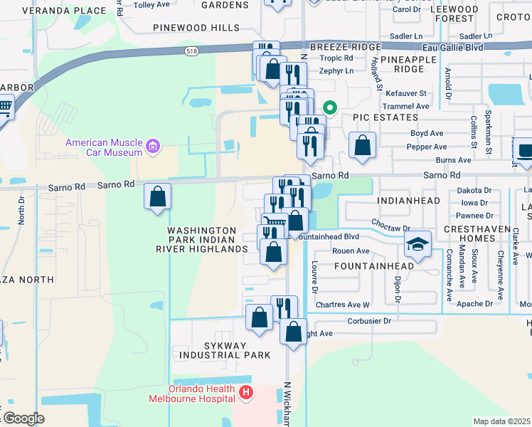 map of restaurants, bars, coffee shops, grocery stores, and more near 770 North Wickham Road in Melbourne
