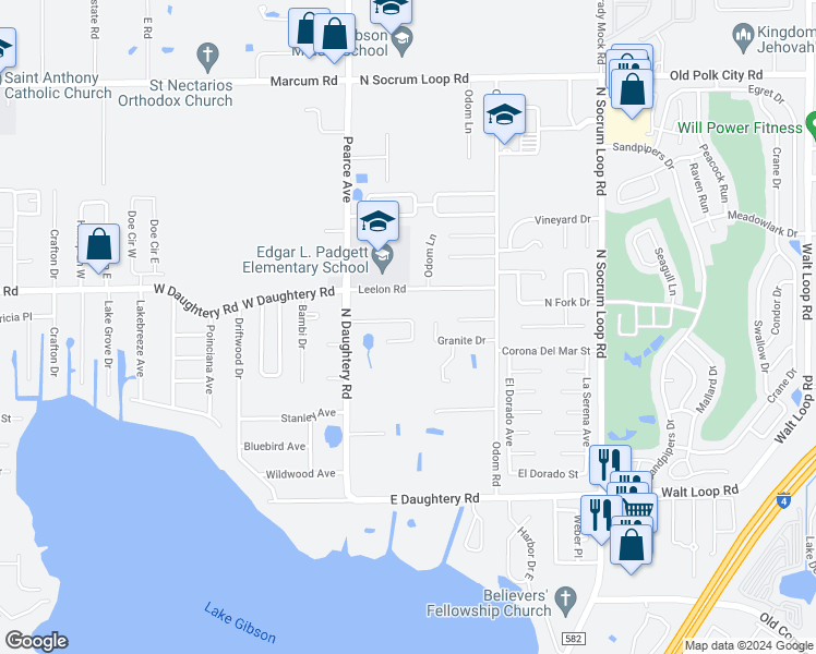 map of restaurants, bars, coffee shops, grocery stores, and more near 145 Shannon Drive in Lakeland