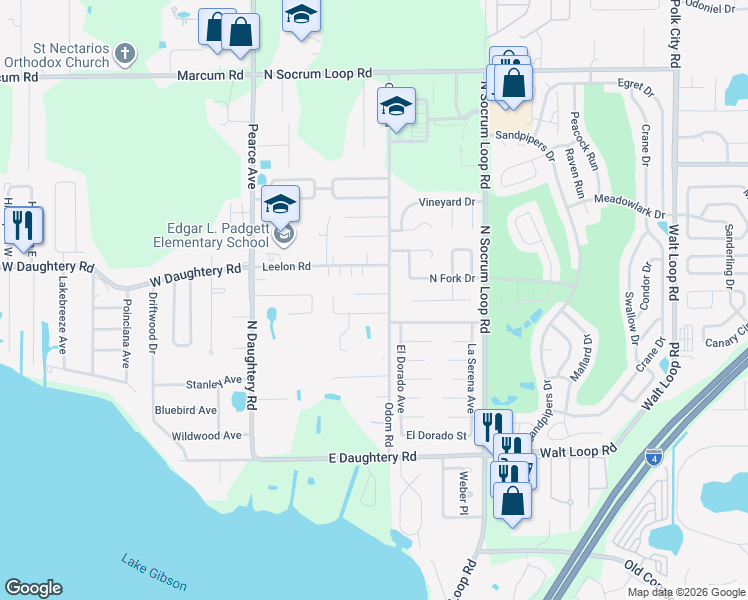 map of restaurants, bars, coffee shops, grocery stores, and more near 295 Granite Drive in Lakeland