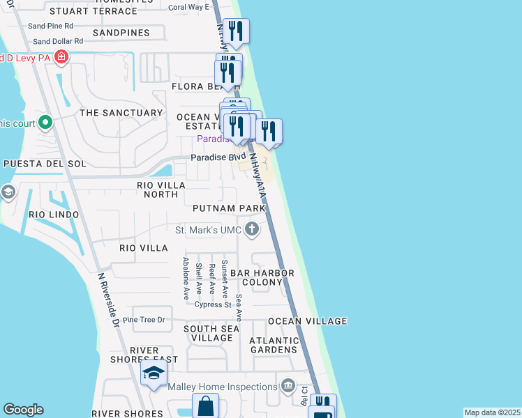 map of restaurants, bars, coffee shops, grocery stores, and more near 2075 North Highway A1A in Melbourne