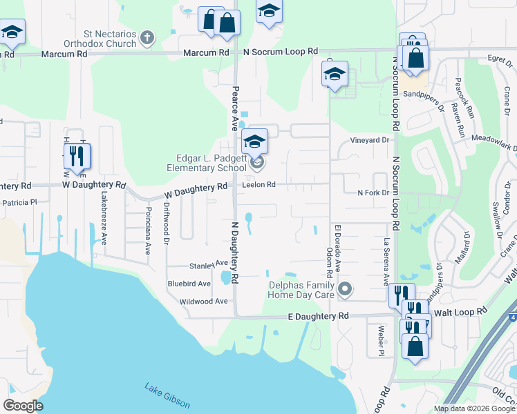 map of restaurants, bars, coffee shops, grocery stores, and more near 119 Shannon Drive in Lakeland