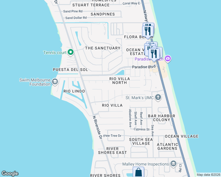 map of restaurants, bars, coffee shops, grocery stores, and more near 3071 Rio Palma South in Melbourne